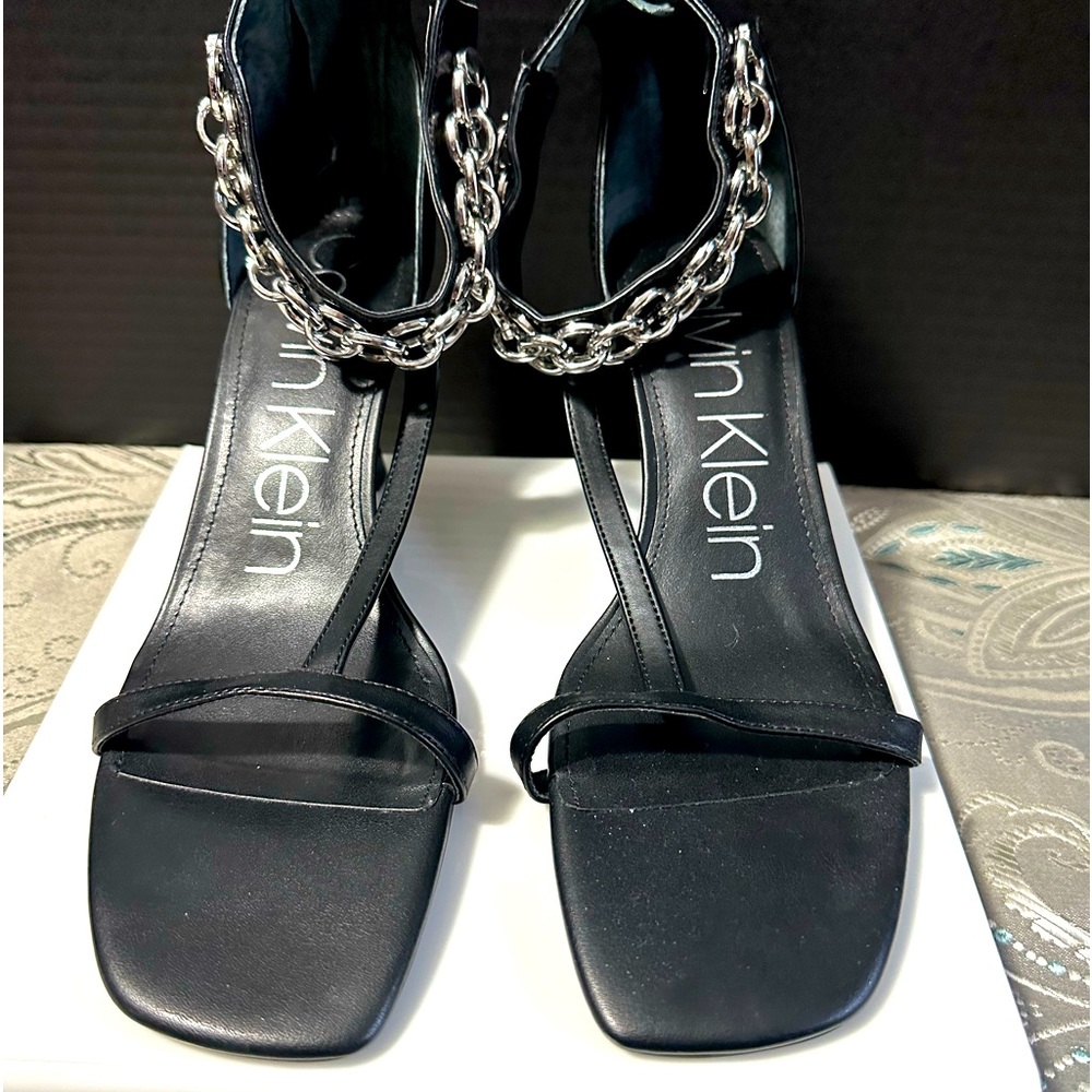 Calvin Klein Women's Black Nova Chain T-Strap Square-Toe High-Heel Sandals